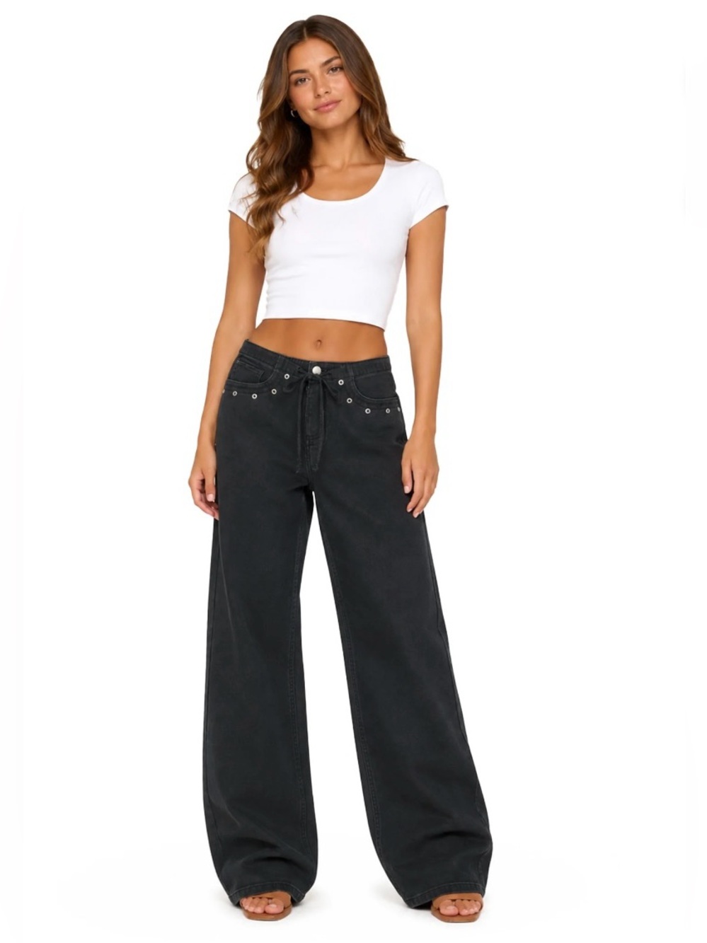 NWT No Boundaries Black Wide Leg Grommet Drawstring Jeans